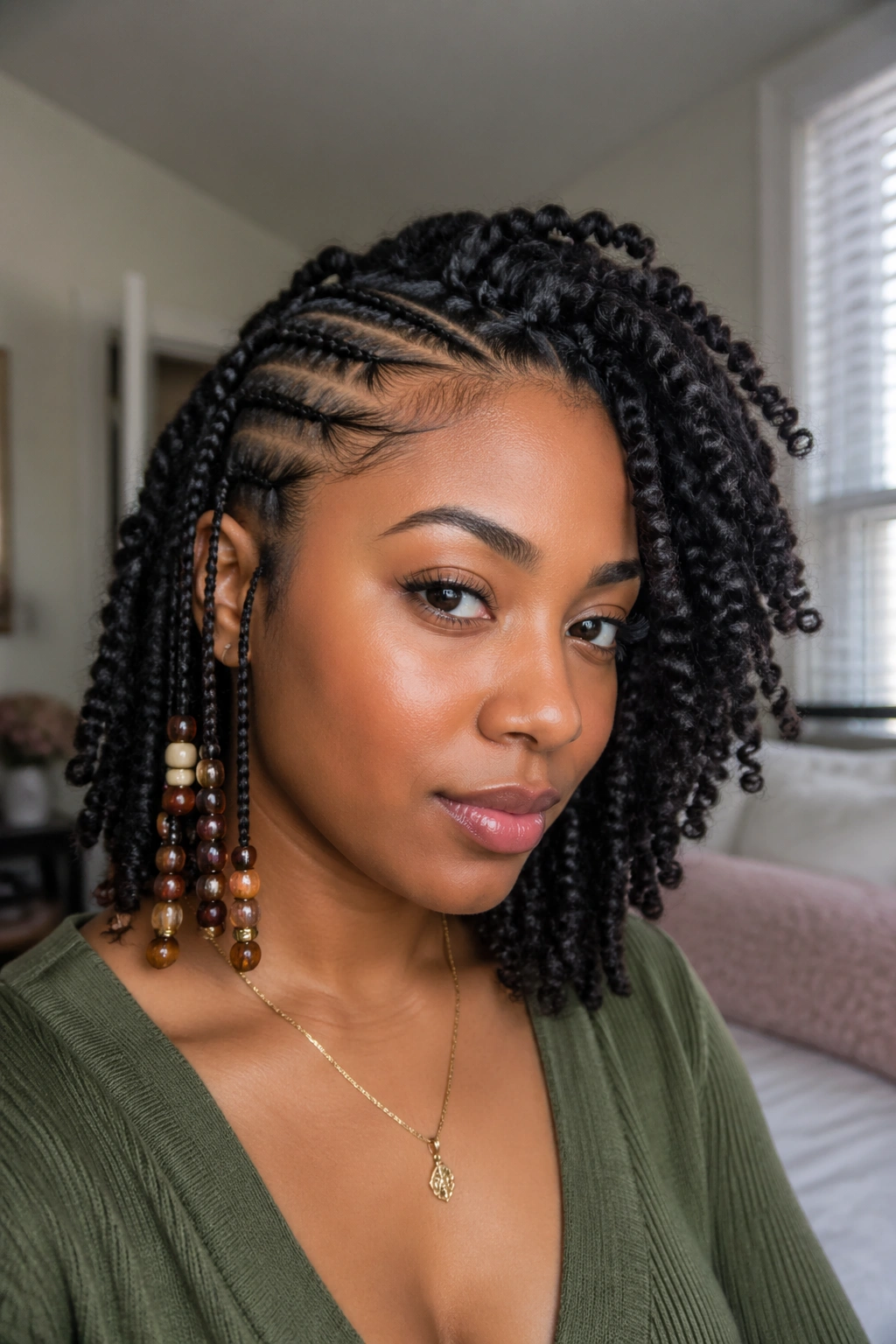 Real person with beaded half cornrows and a voluminous twist-out