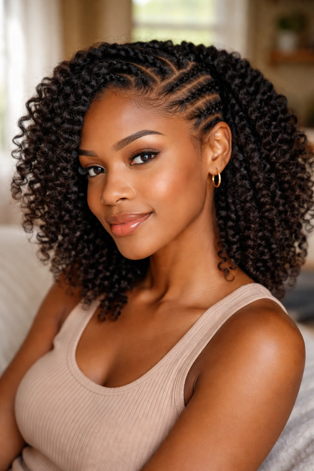 Close-up portrait of a real person with four cornrows on one side and a twist-out on the other, soft bedroom light