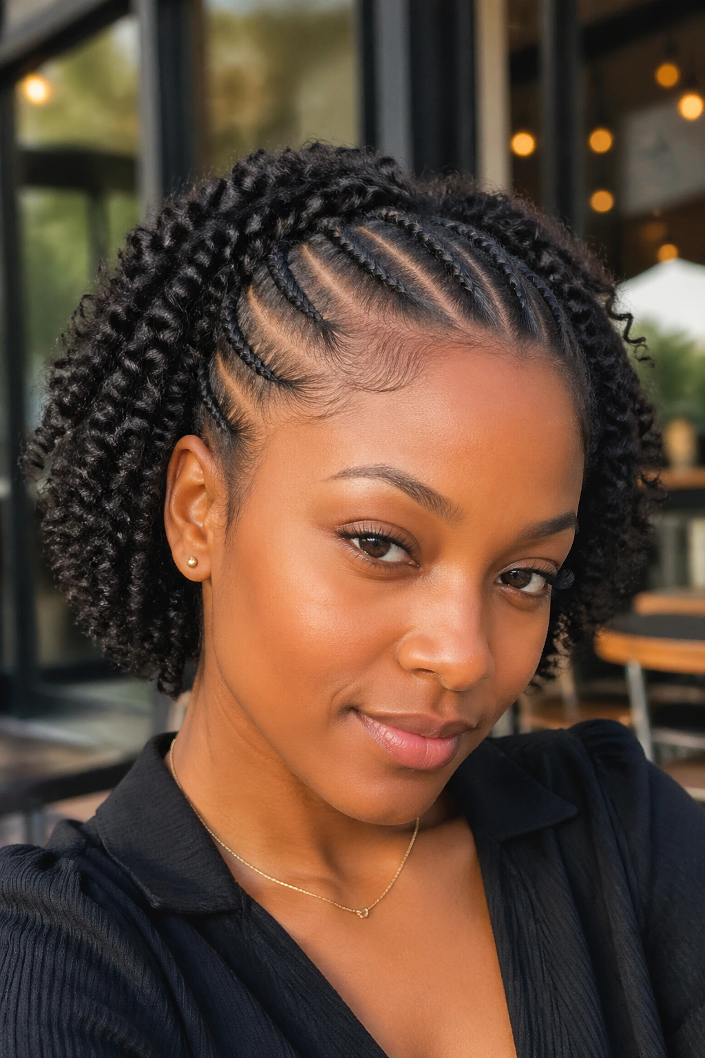 Real woman with cornrows at the front and twist-out curls at the back