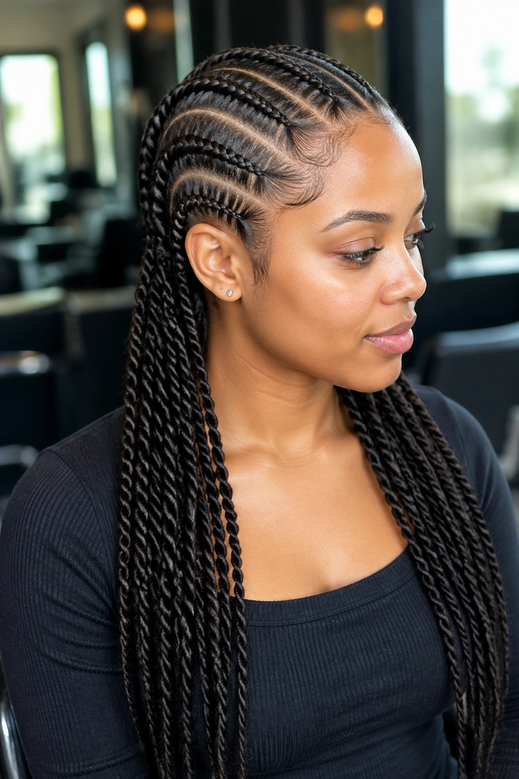 Close-up of needle-stitch cornrows ending in two-strand twist tails on a real person