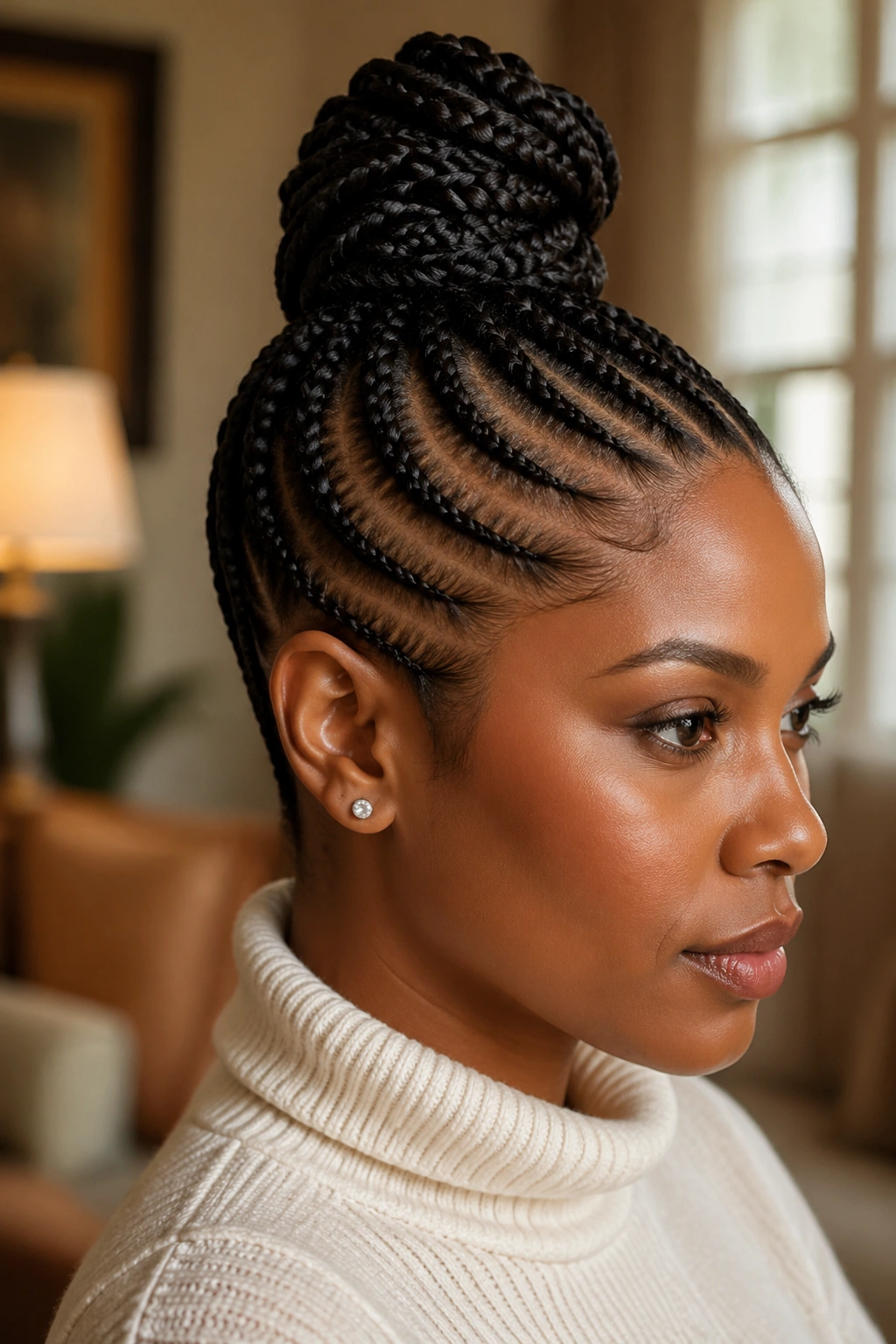 Close-up of a real woman with a twisted knot cornrow crown