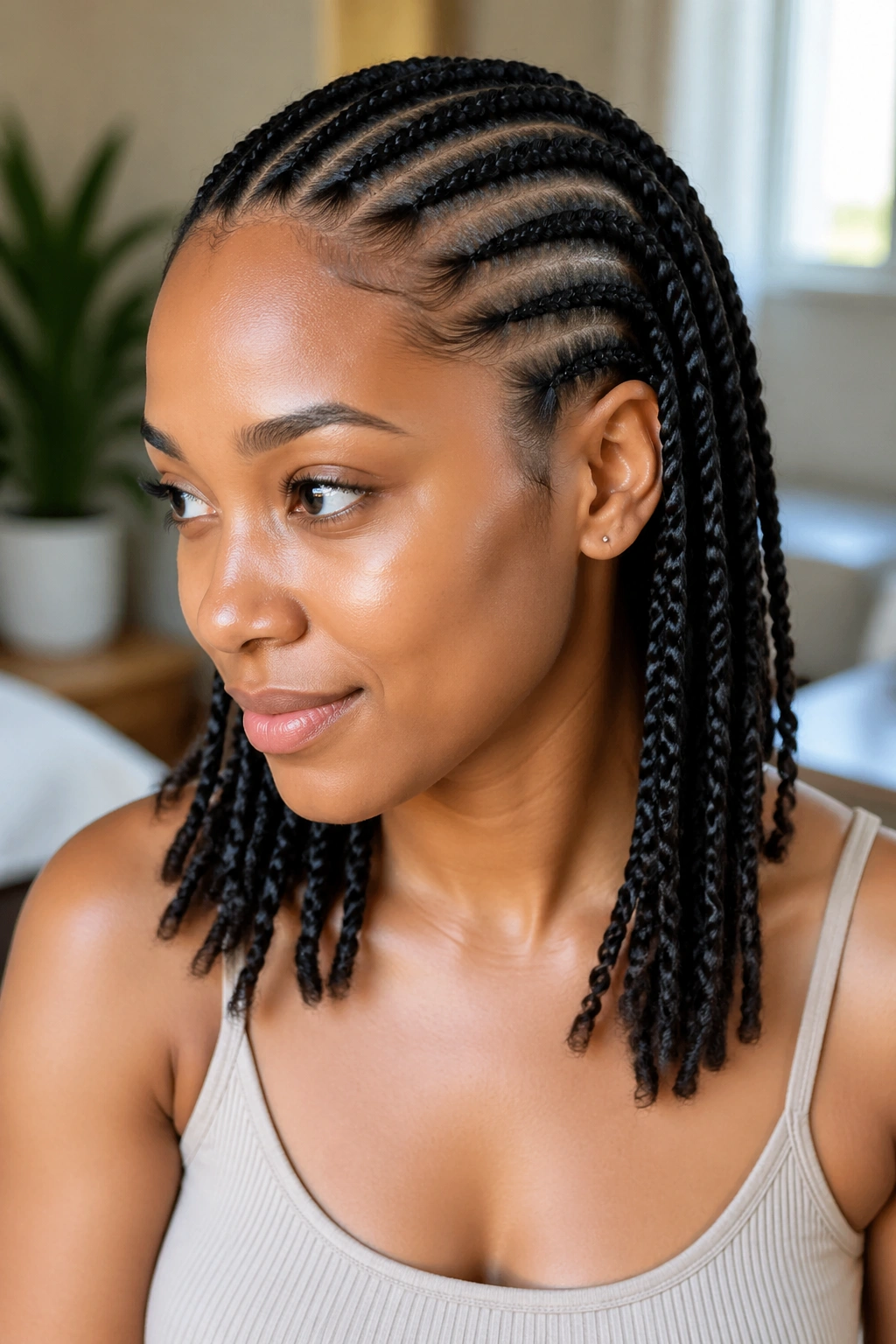 Portrait of cornrows transitioning into two-strand twists at the ends