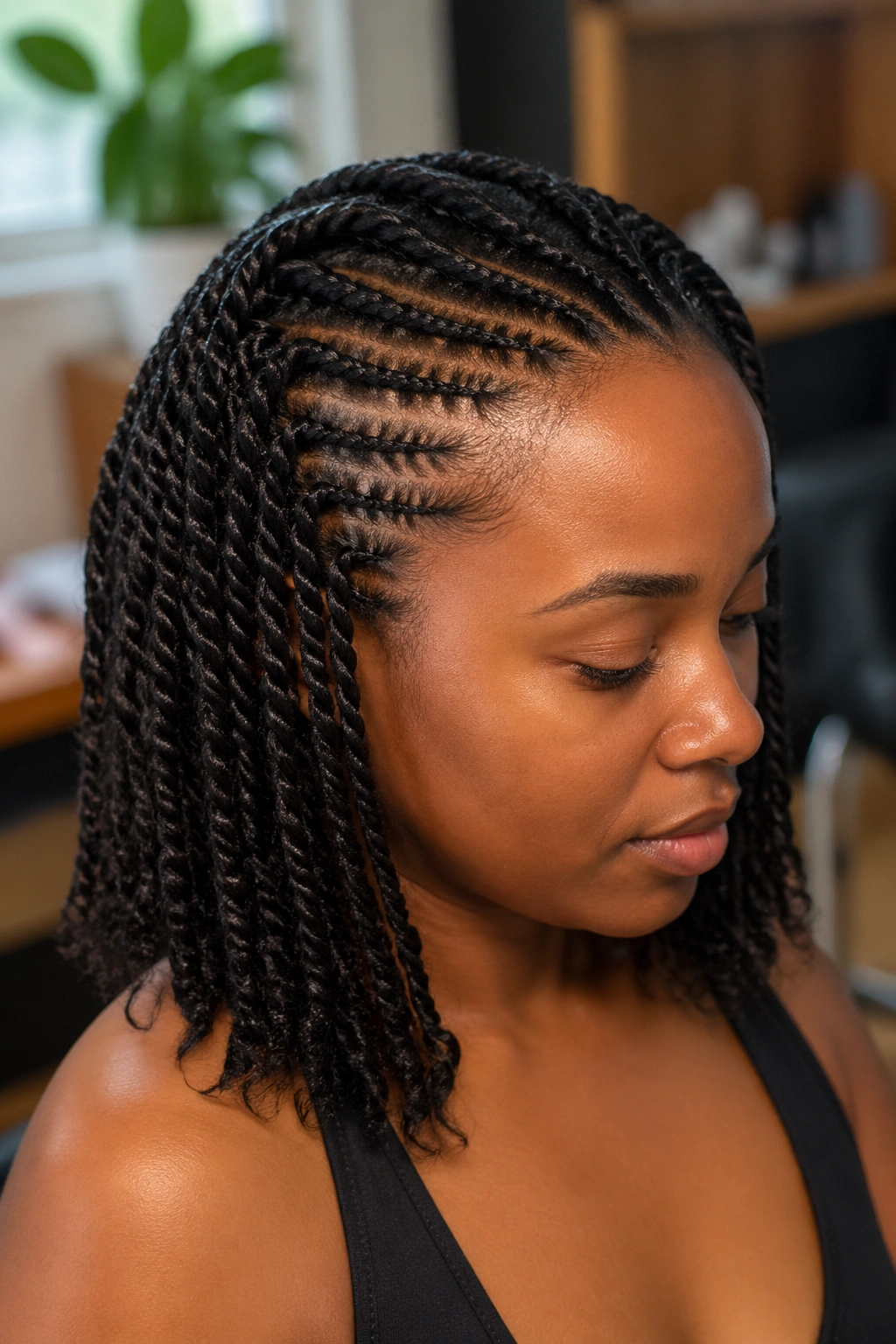 Close-up of a real woman with cornrows blending into twists