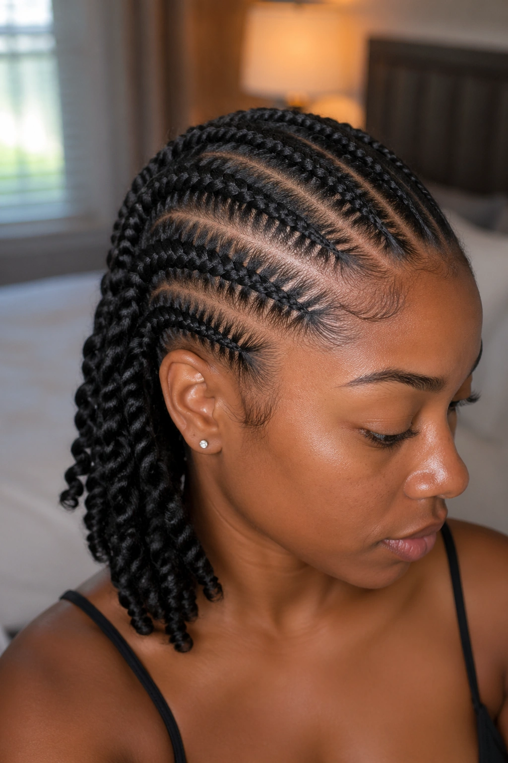 Close-up of a real woman with cornrows and twisted accent at the back