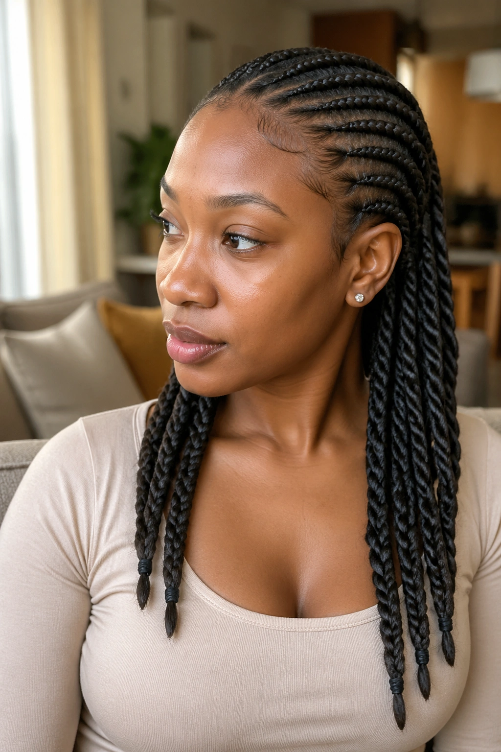 Close-up of a real woman showing cornrows with half-twists at the ends in warm indoor light