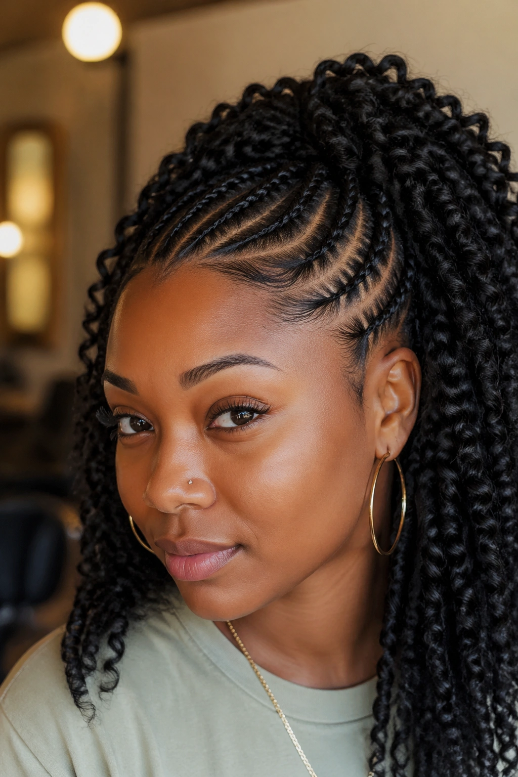 Portrait of a person with cornrows at the base and passion twists on top