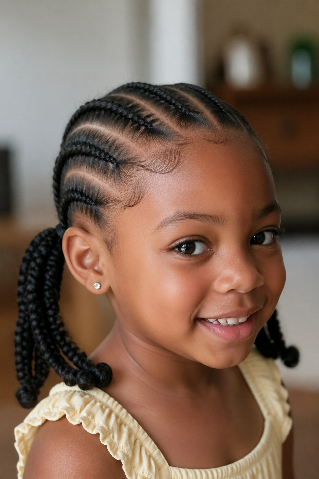 Child with cornrows feeding into two low pigtails behind the ears