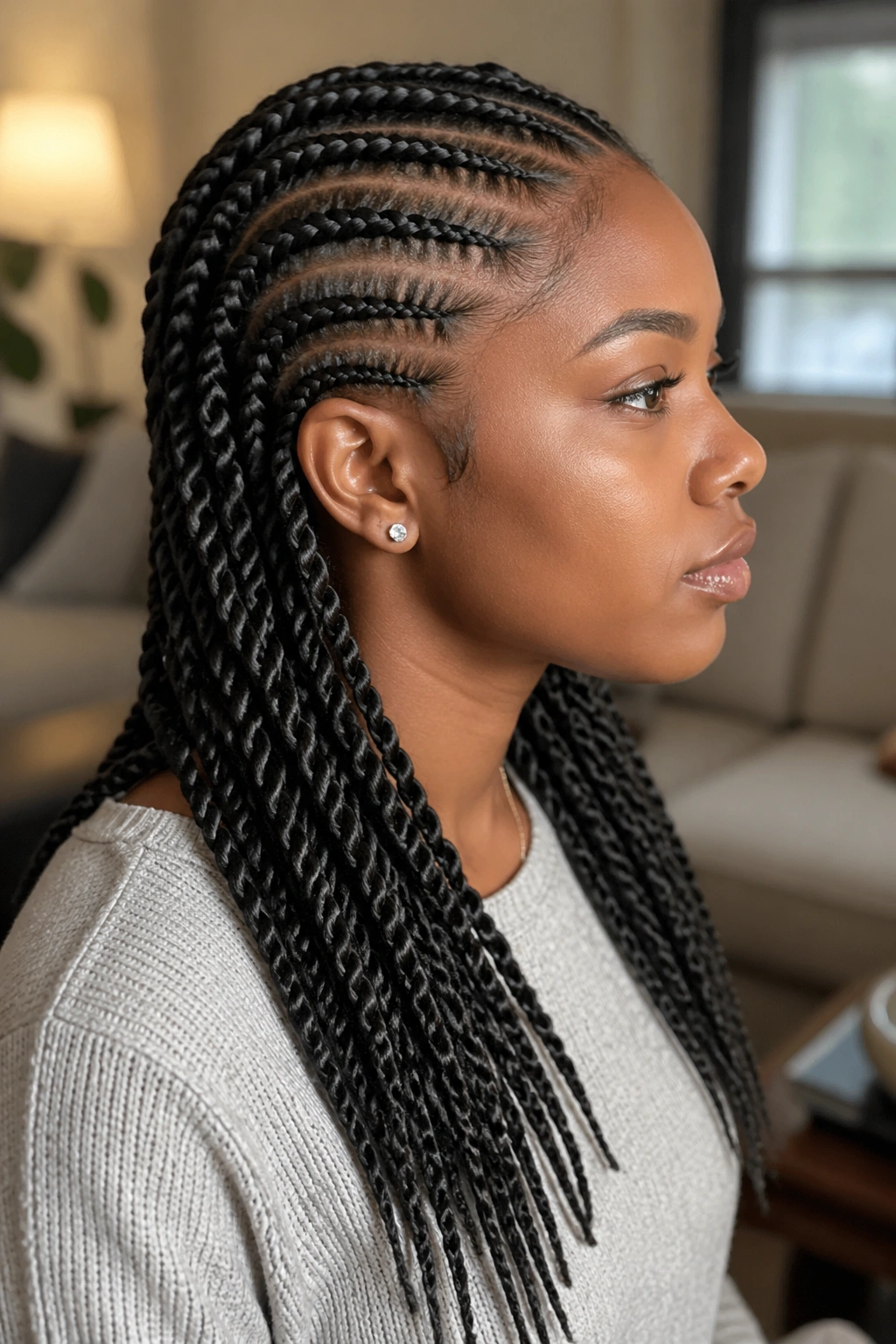 Portrait of a woman with cornrows transitioning to two-strand twists