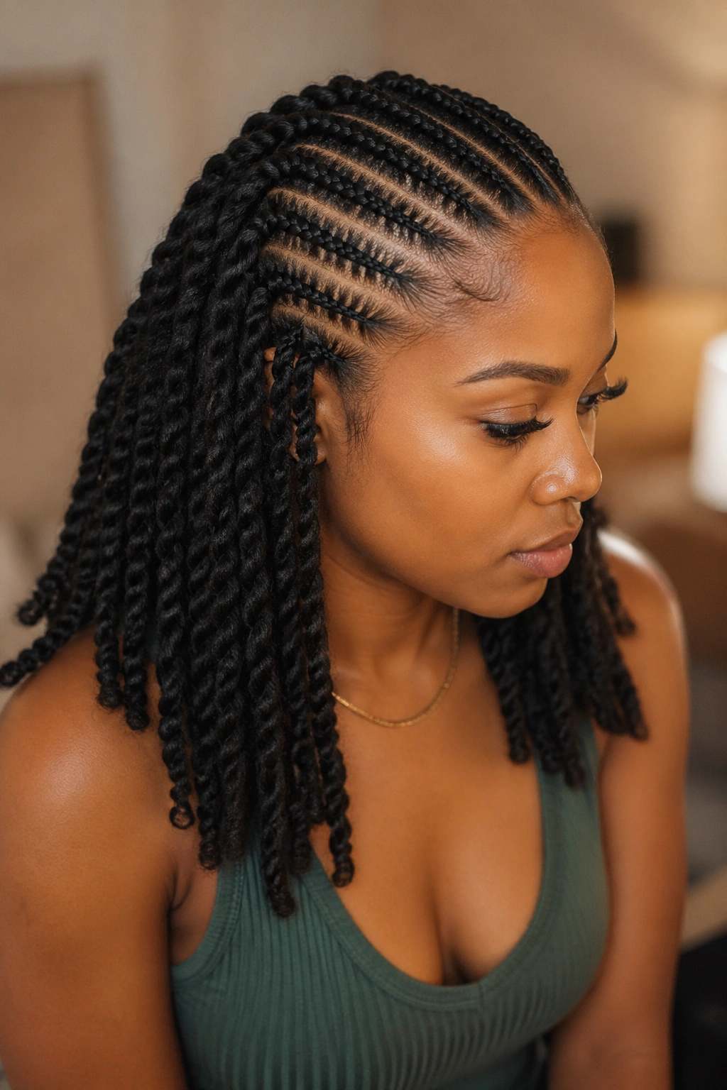 Real woman with cornrows on top and chunky two-strand twists on the loose section