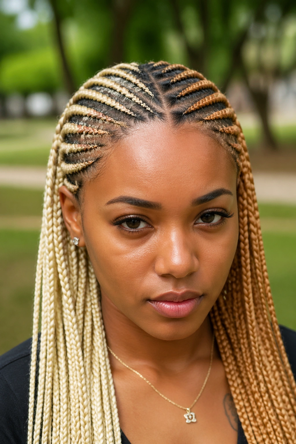 Close-up of a real person with two-tone sectioned cornrows in honey and platinum blondes