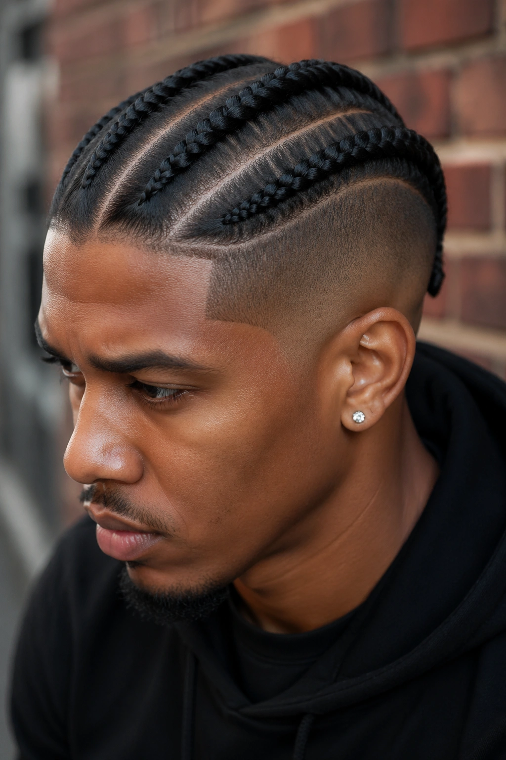 Close-up portrait of a real person with four big cornrows and a half-shaved undercut.