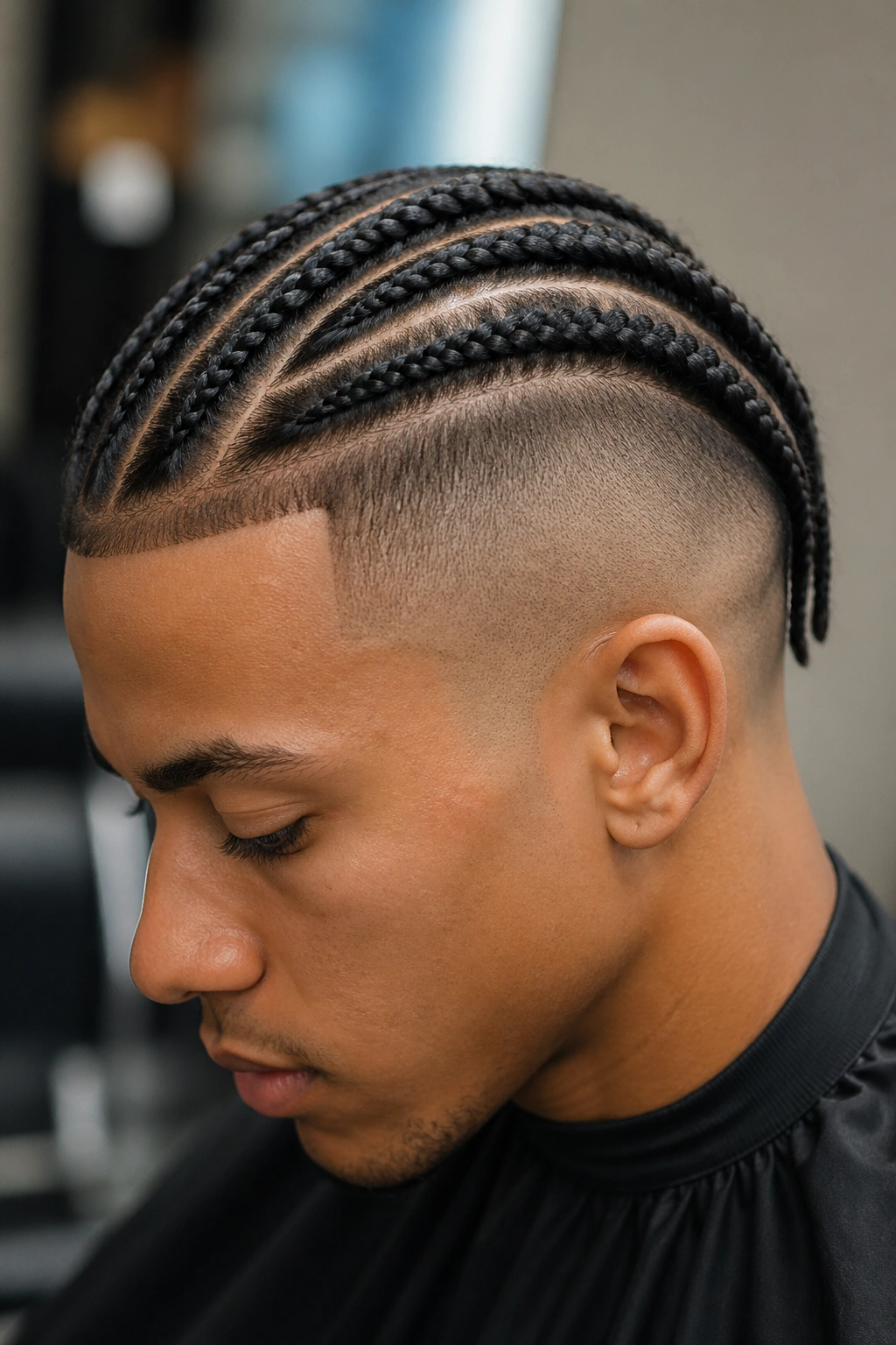 Close-up portrait of a real person with top cornrows and deep shaved undercut.