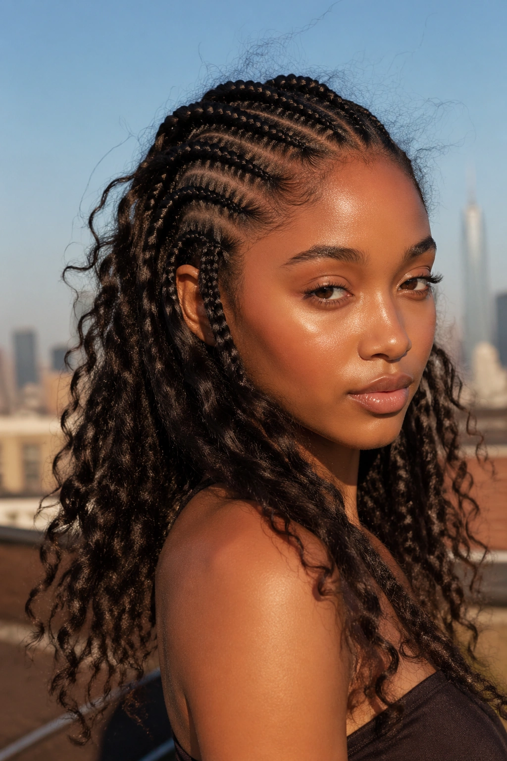 Close-up of a real woman with sleek cornrows and undone curls with flyaways outdoors at golden hour.