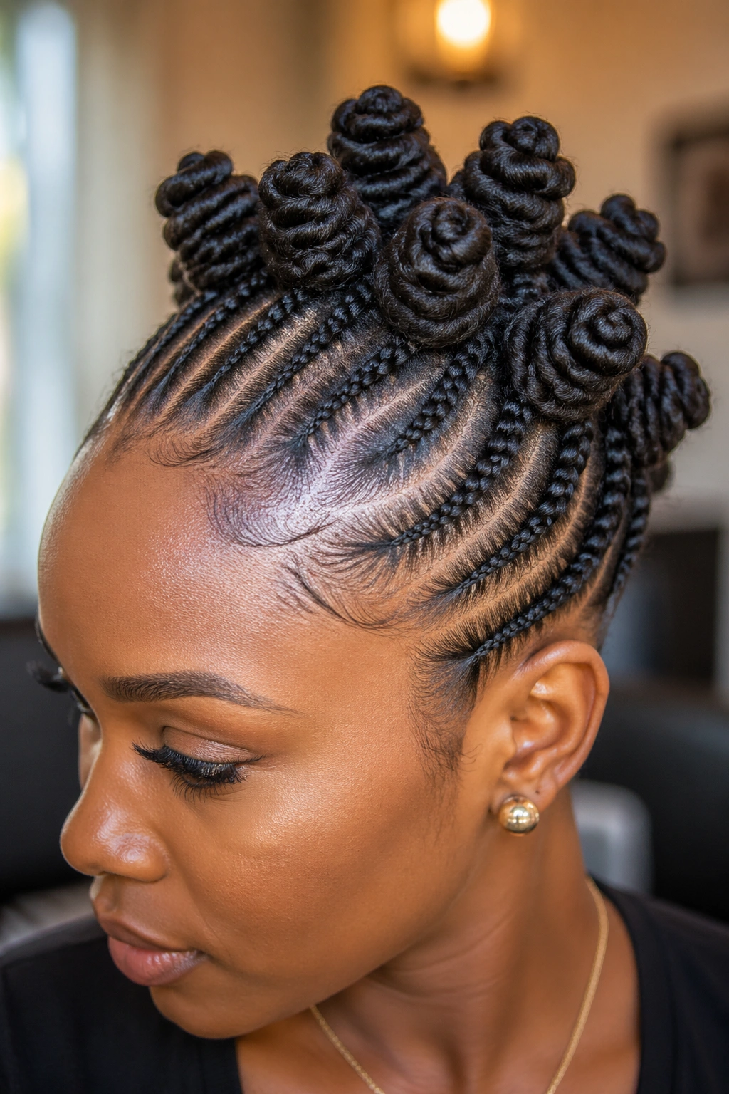 Close-up of a real Black woman with Bantu knot clusters at the crown and cornrows