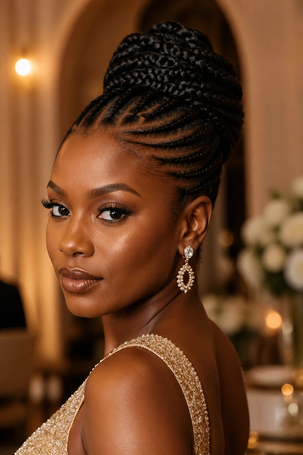 Portrait of a real woman with an updo made from cornrows