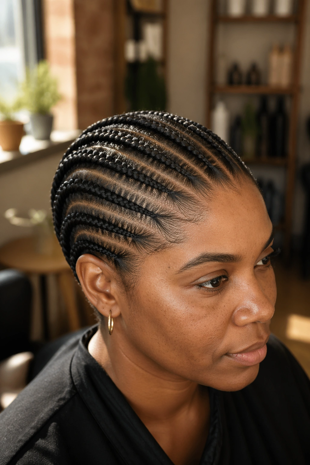 Close-up of a real person with neat cornrows forming an updo foundation