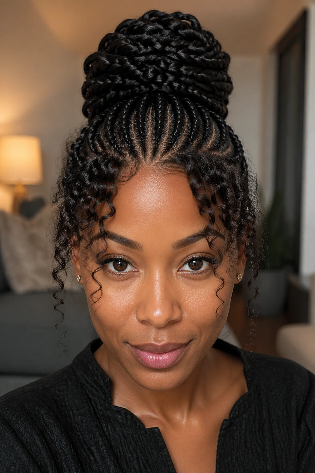 Close-up of a real Black woman with front loose curls and cornrow bun