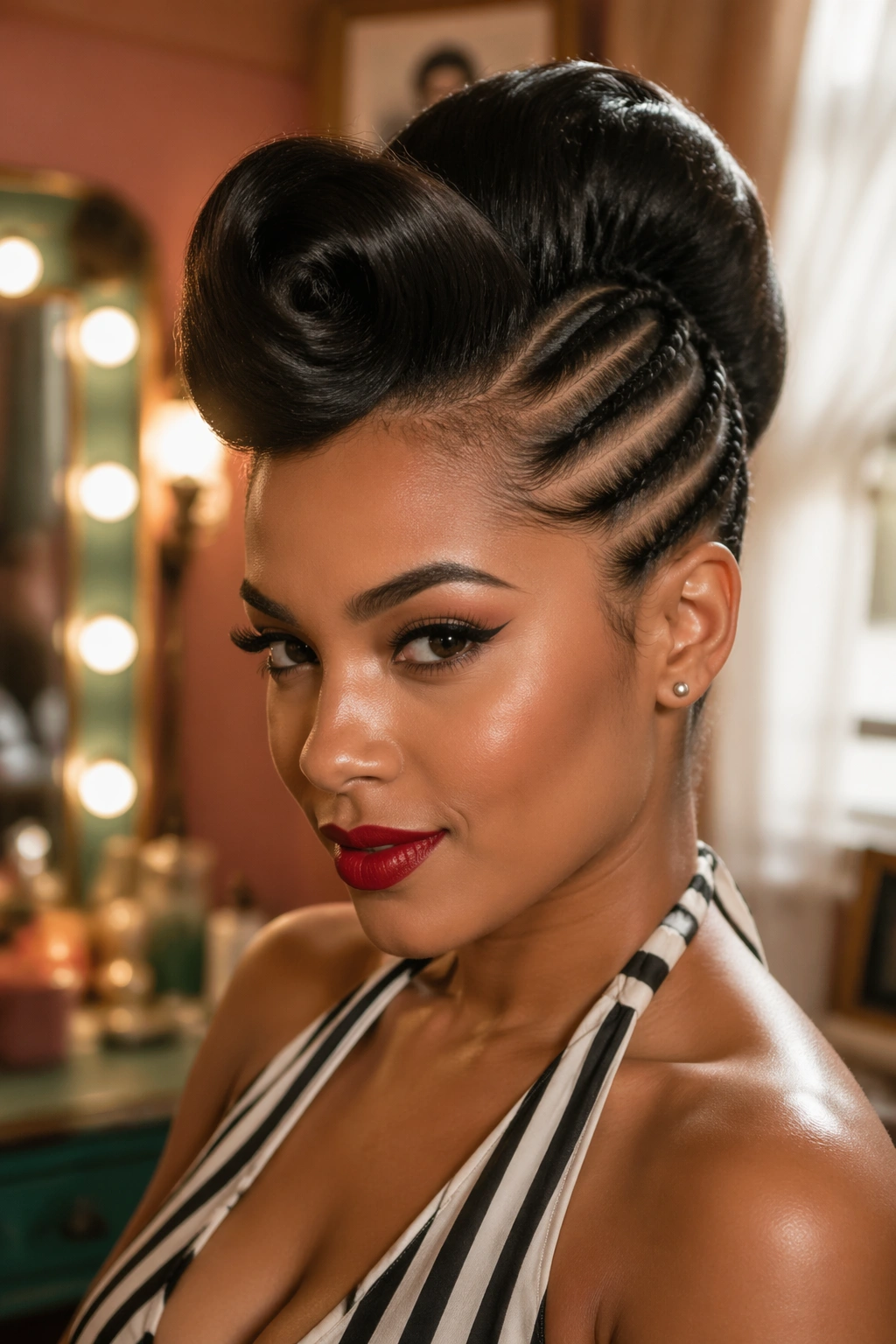 Close-up of Pin-Up Style With Cornrowed Sides on a real person with three cornrows per side and a high pin-up roll.