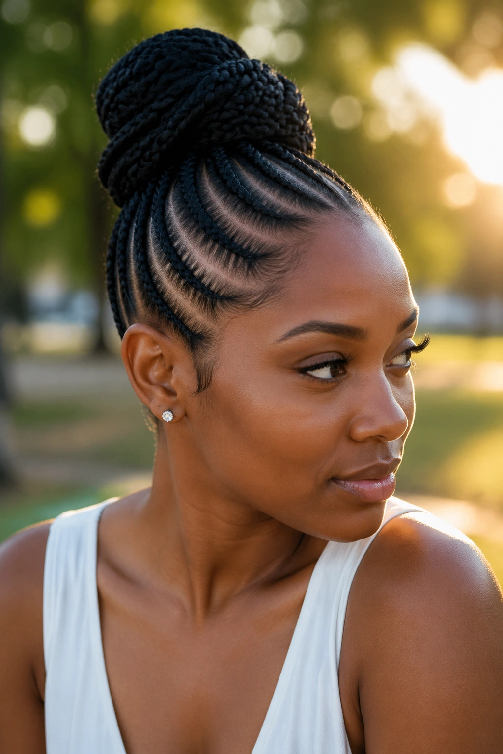 Close-up portrait of a Black woman with cornrows updo
