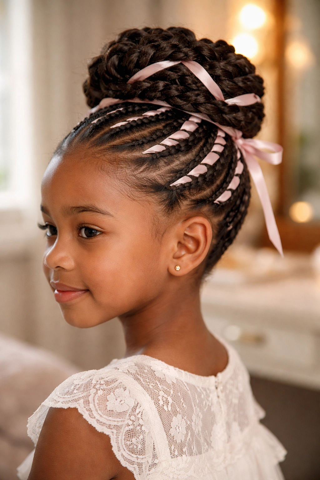 Portrait of a girl with a crown updo and satin ribbon wraps in soft light