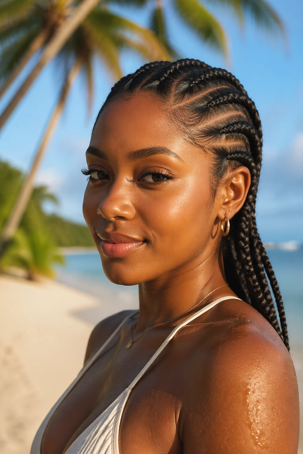 Real person with cornrows on vacation at a beach setting