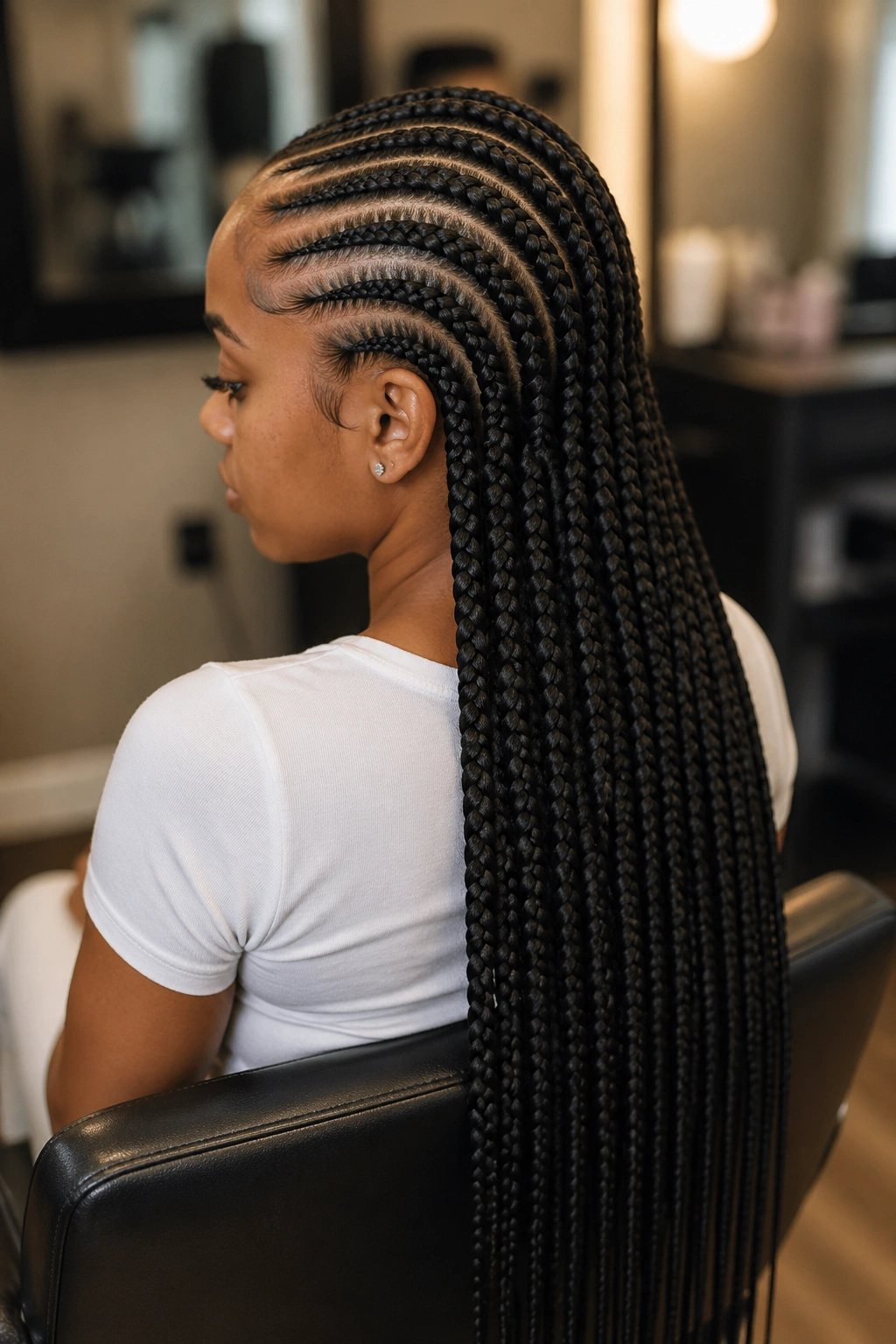 Waist-length straight-back cornrows with feed-in extensions on a real person.