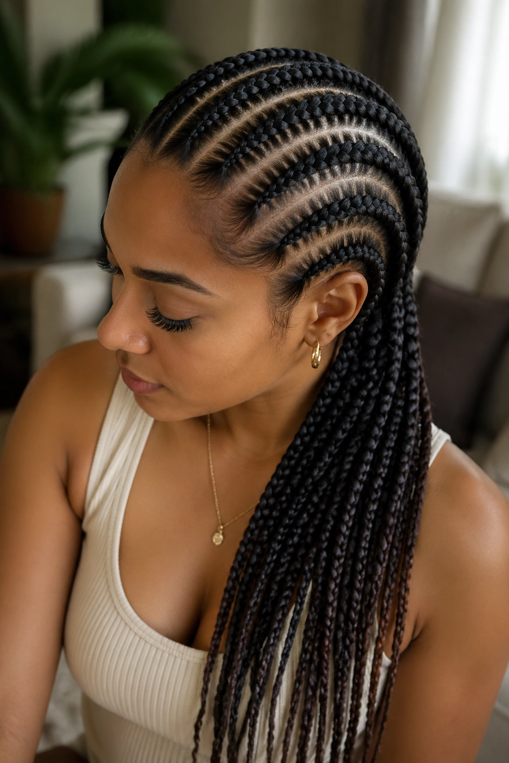 Real woman with five loose cornrows forming a waterfall down to a low ponytail