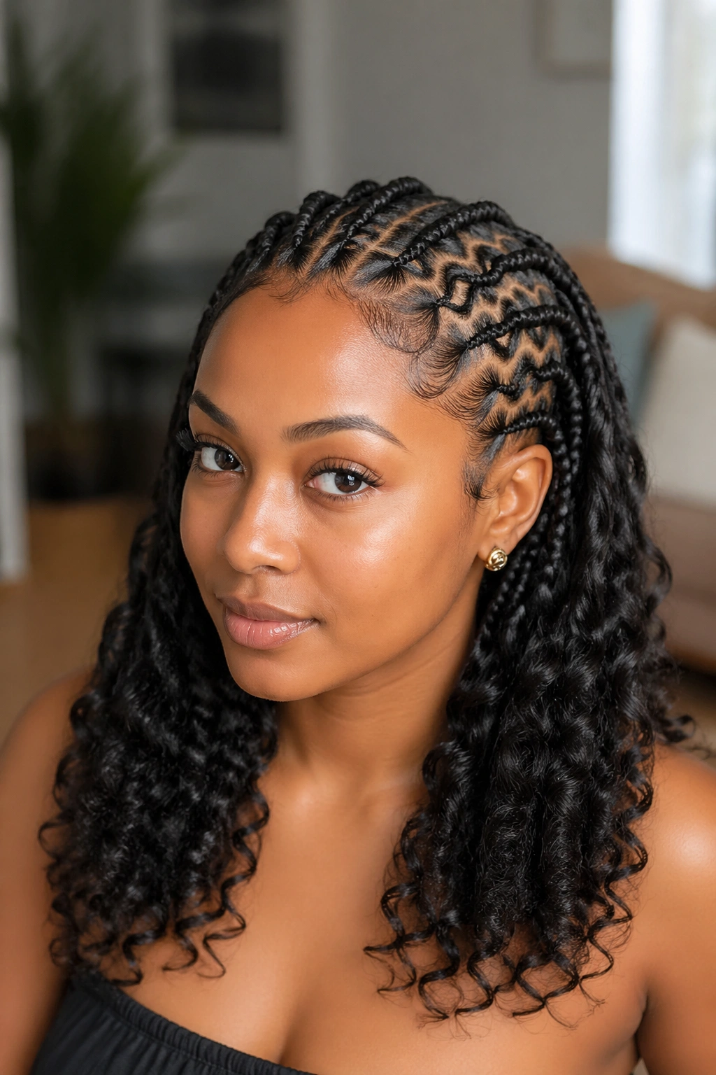 Close-up of wavy cornrows transitioning to loose curls over the shoulders