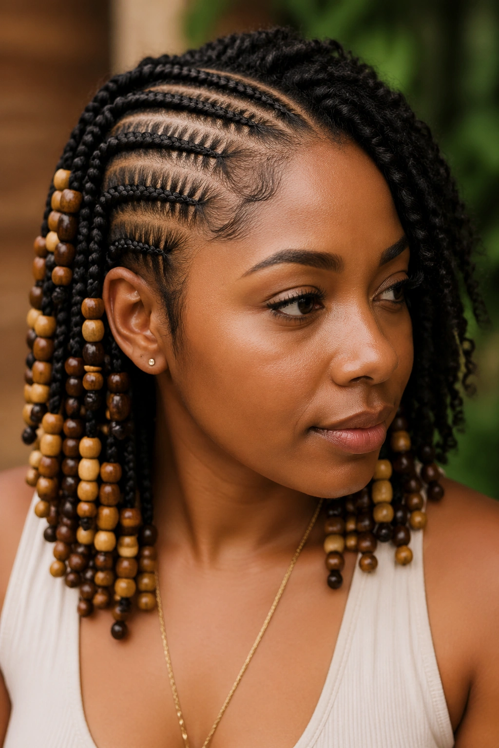 Real person with half cornrows using only wooden beads
