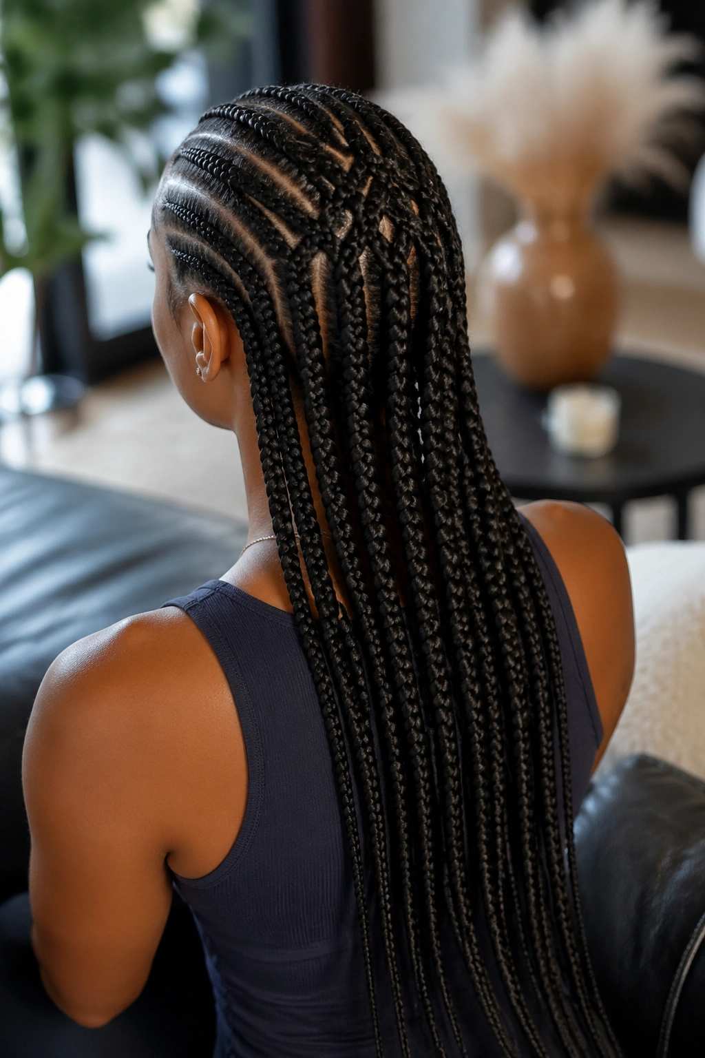 Back of head portrait showing woven pattern among long straight-back cornrows.