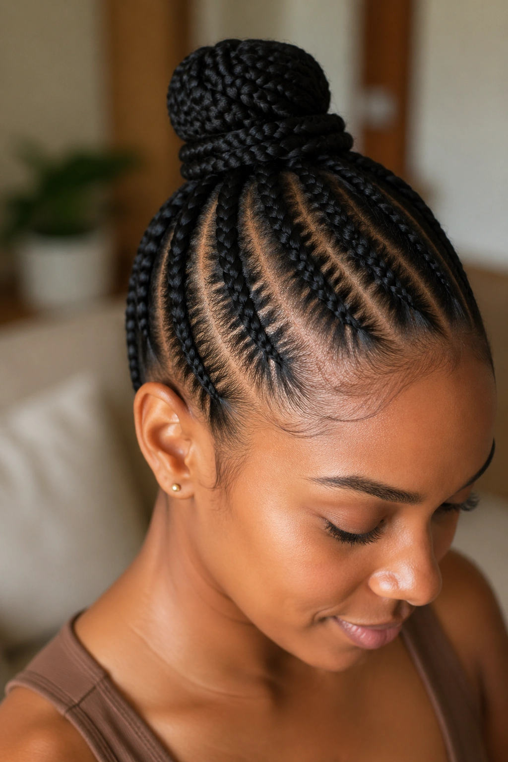 Close-up of a real woman with cornrows wrapped into a bun