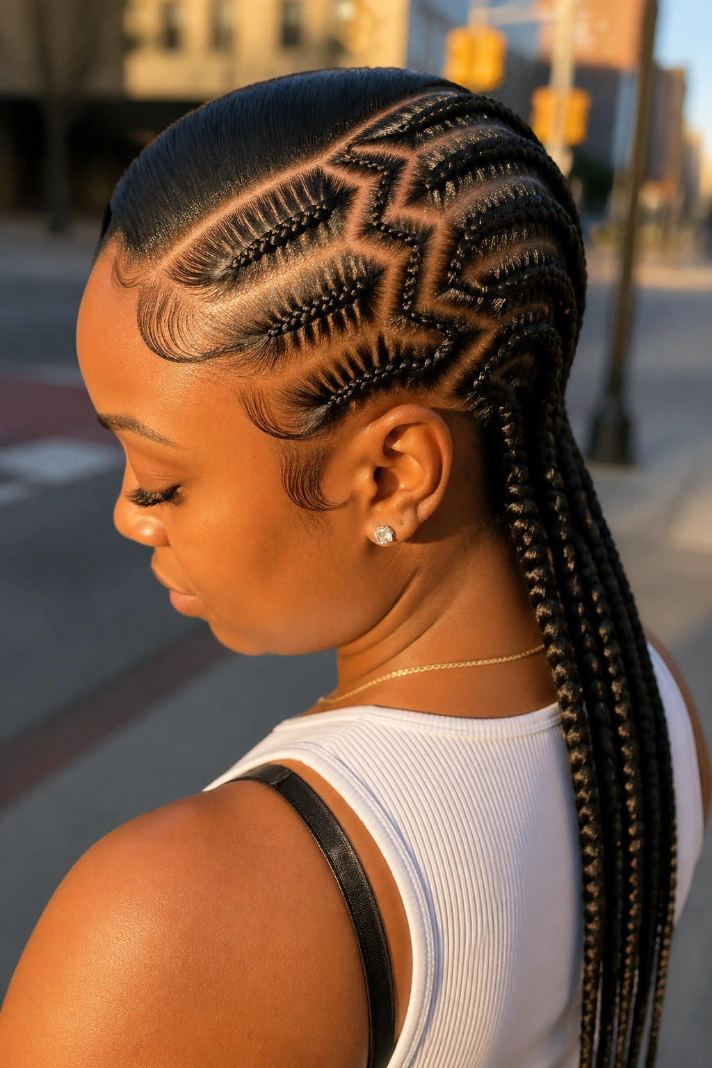 Close-up of a real woman with a deep side part and zigzag back section in cornrows