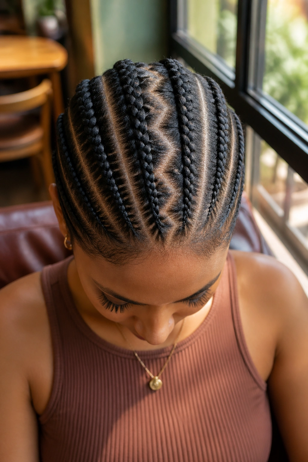 Real person with a zigzag center part and four cornrows