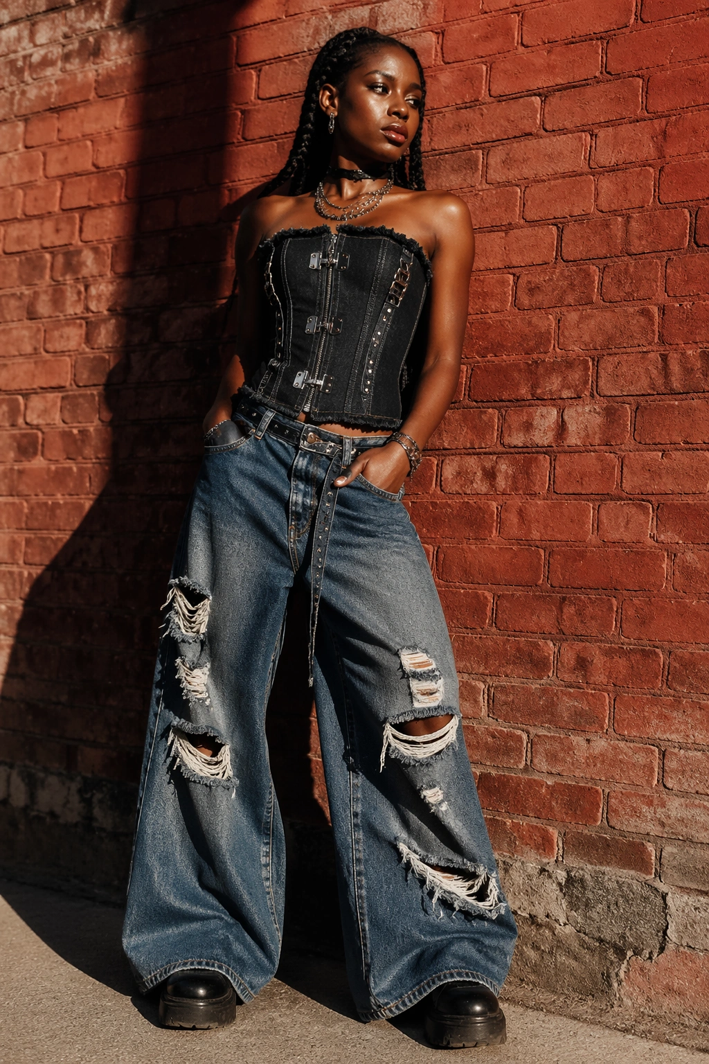 Medium close-up of a real woman in a corset top over distressed denim against a brick wall