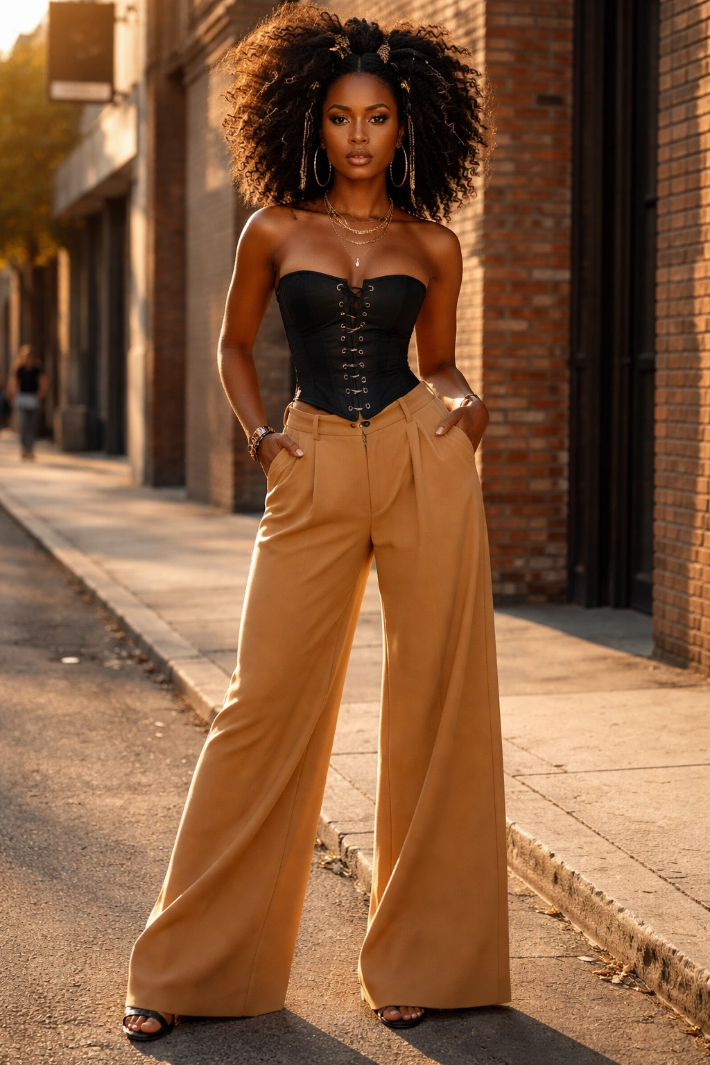 Real woman in a black corset top and camel wide-leg trousers on an urban street.