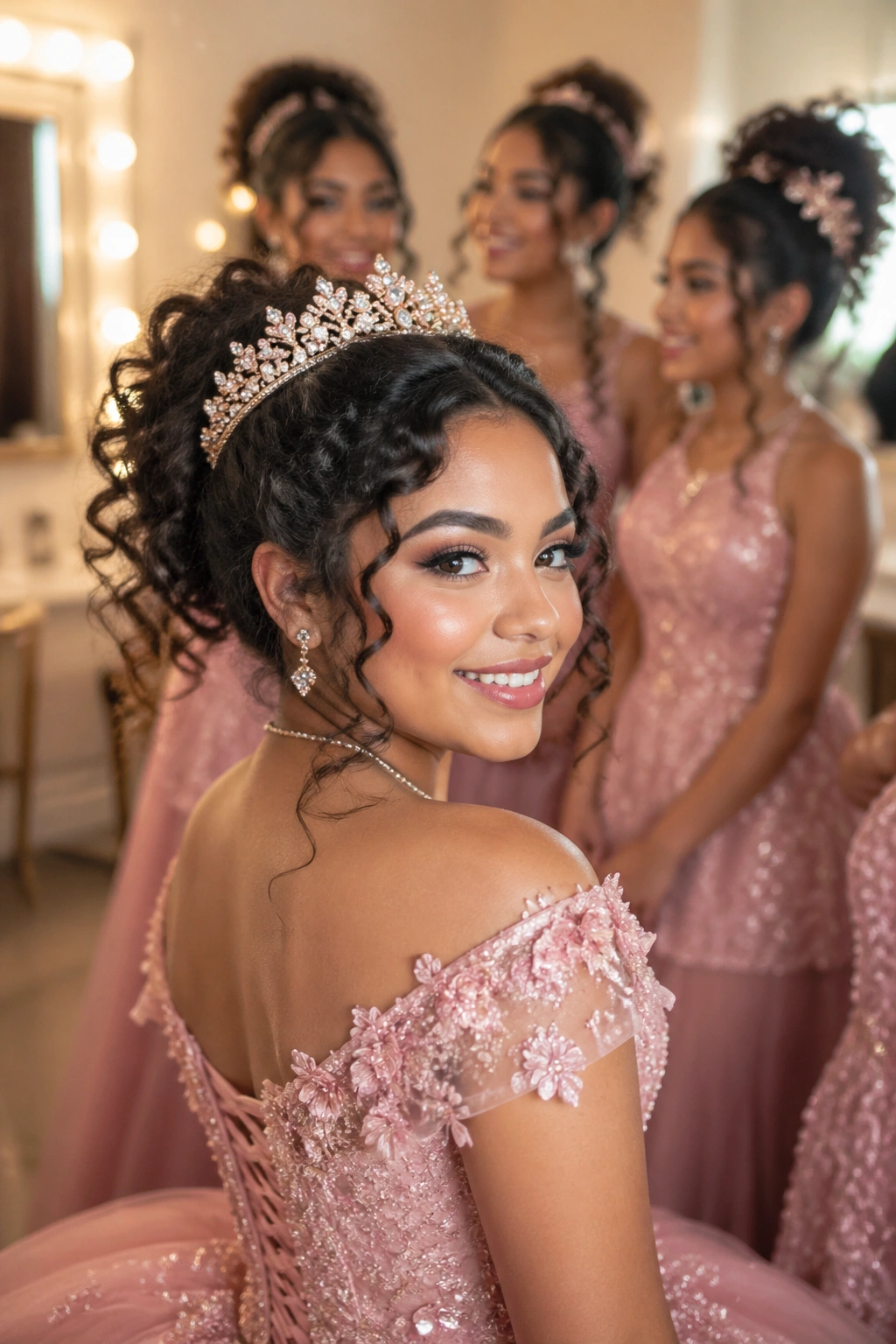 Quinceañera with elaborated hairstyle and tiara, background court members with coordinated looks.