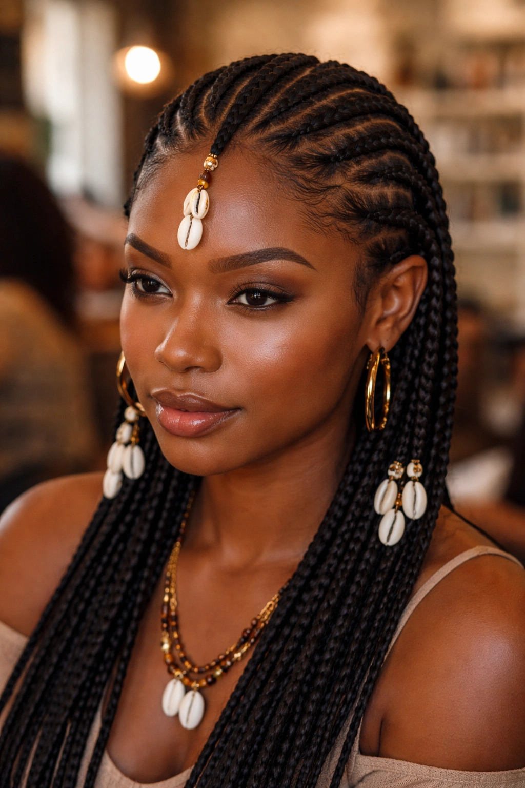 Close-up of cowrie shells attached to Fulani braids in clusters at the center and temples