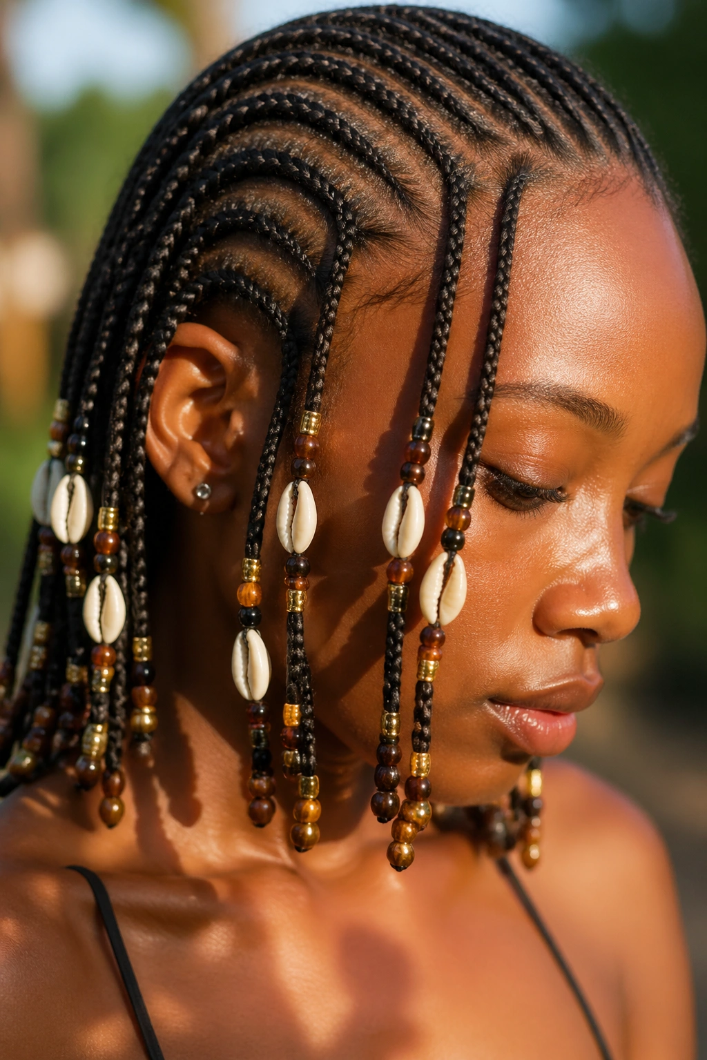 Close-up of cowrie shells among beads on braids