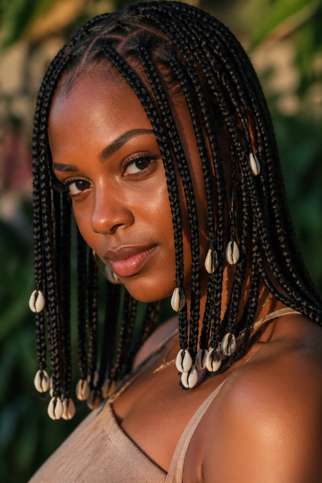 Close-up of a real person with cowrie shell beads at the ends of box braids.