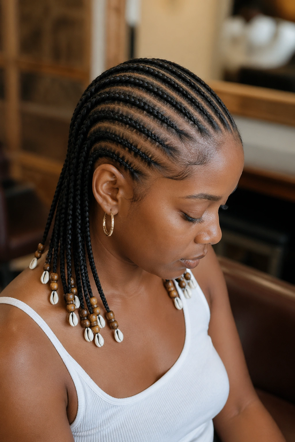 Real person with cornrows ending in two beads and hanging cowrie shells