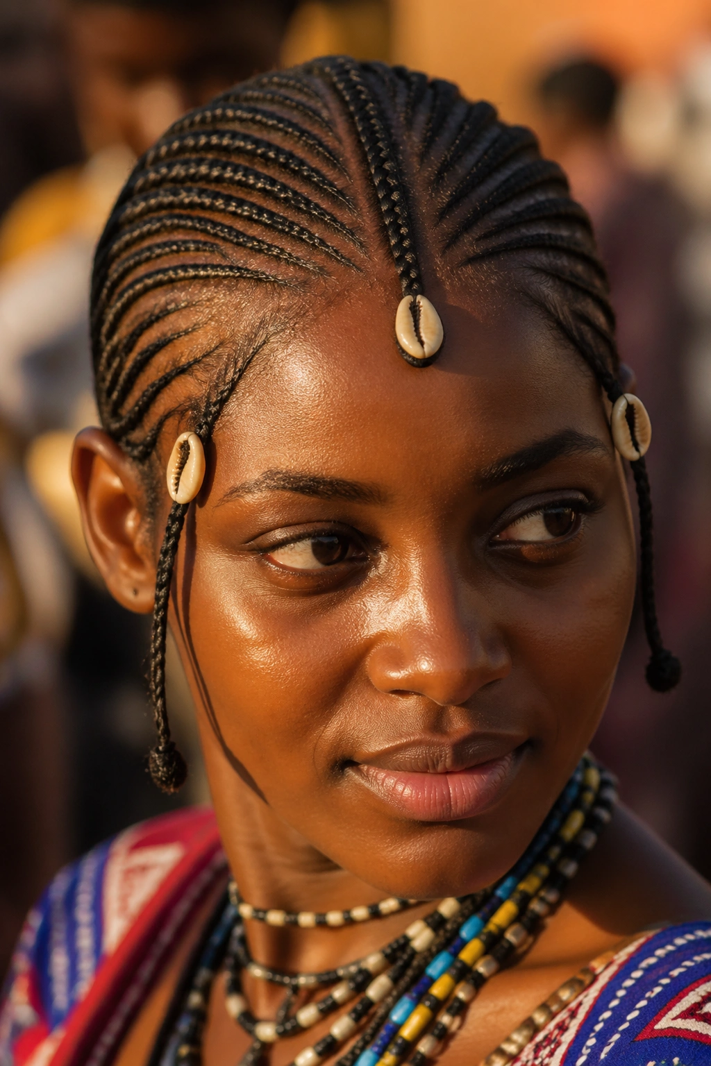 Close-up of Fulani cornrows with cowrie shell accents on a real woman during ceremonial outdoor lighting