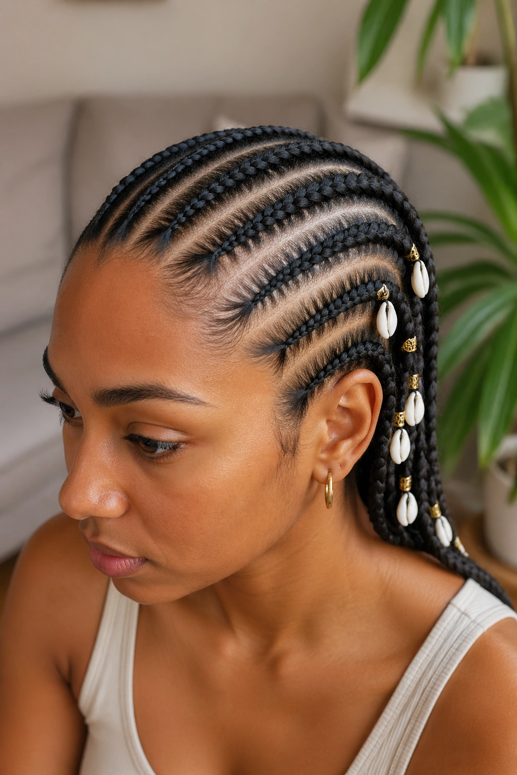 Close portrait of straight-back cornrows with cowrie shells woven into several braids