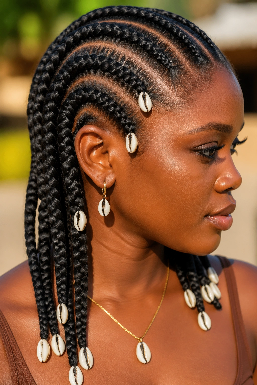 Close-up of big cornrows with real cowrie shells woven into braids.