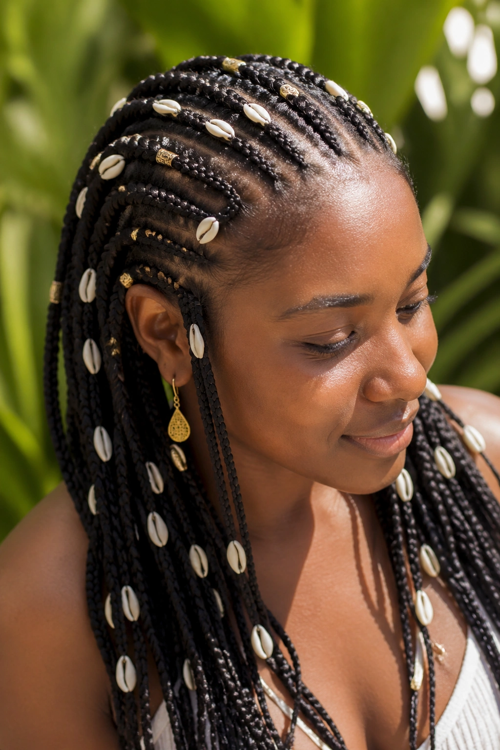 Close-up of a real person with cowrie-shell adornment woven into cornrows in a sunny garden