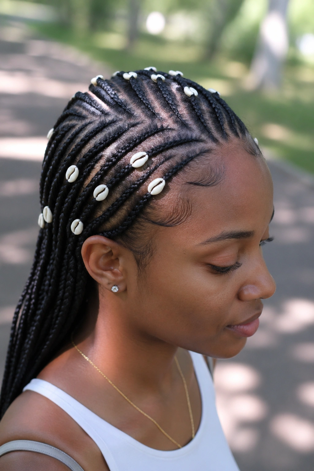 Close-up of cowrie-shell adorned fishbone cornrows on a real person