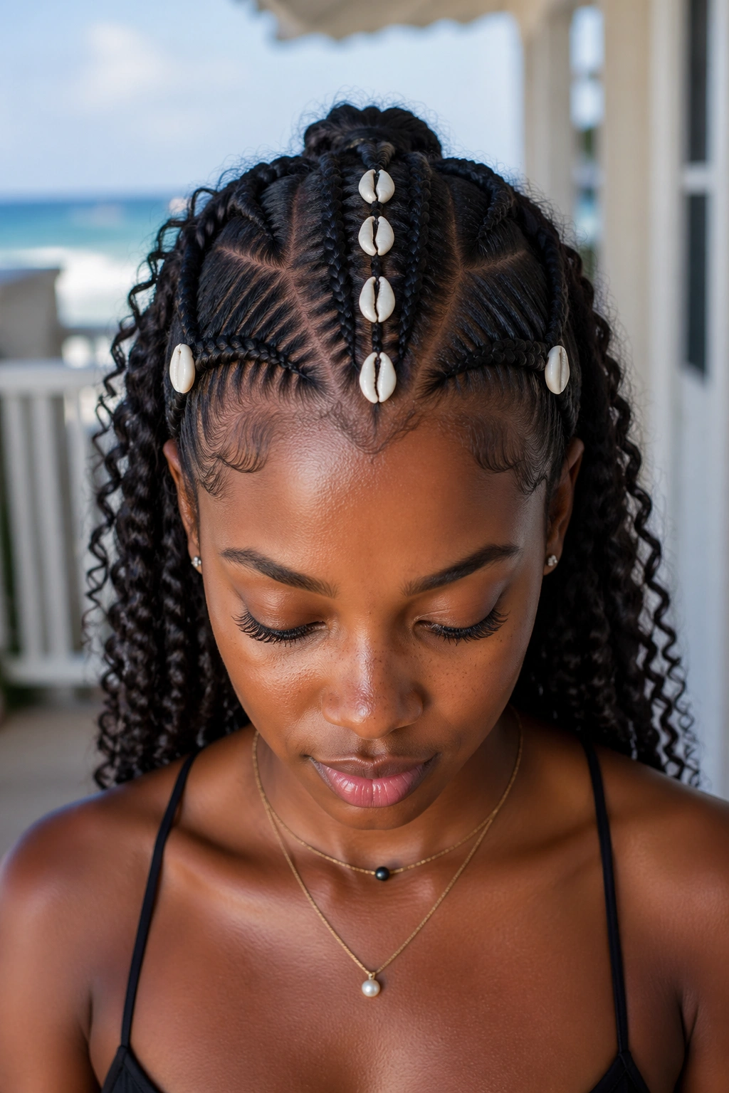 Portrait of a woman with cowrie shell accents on center and side braids.