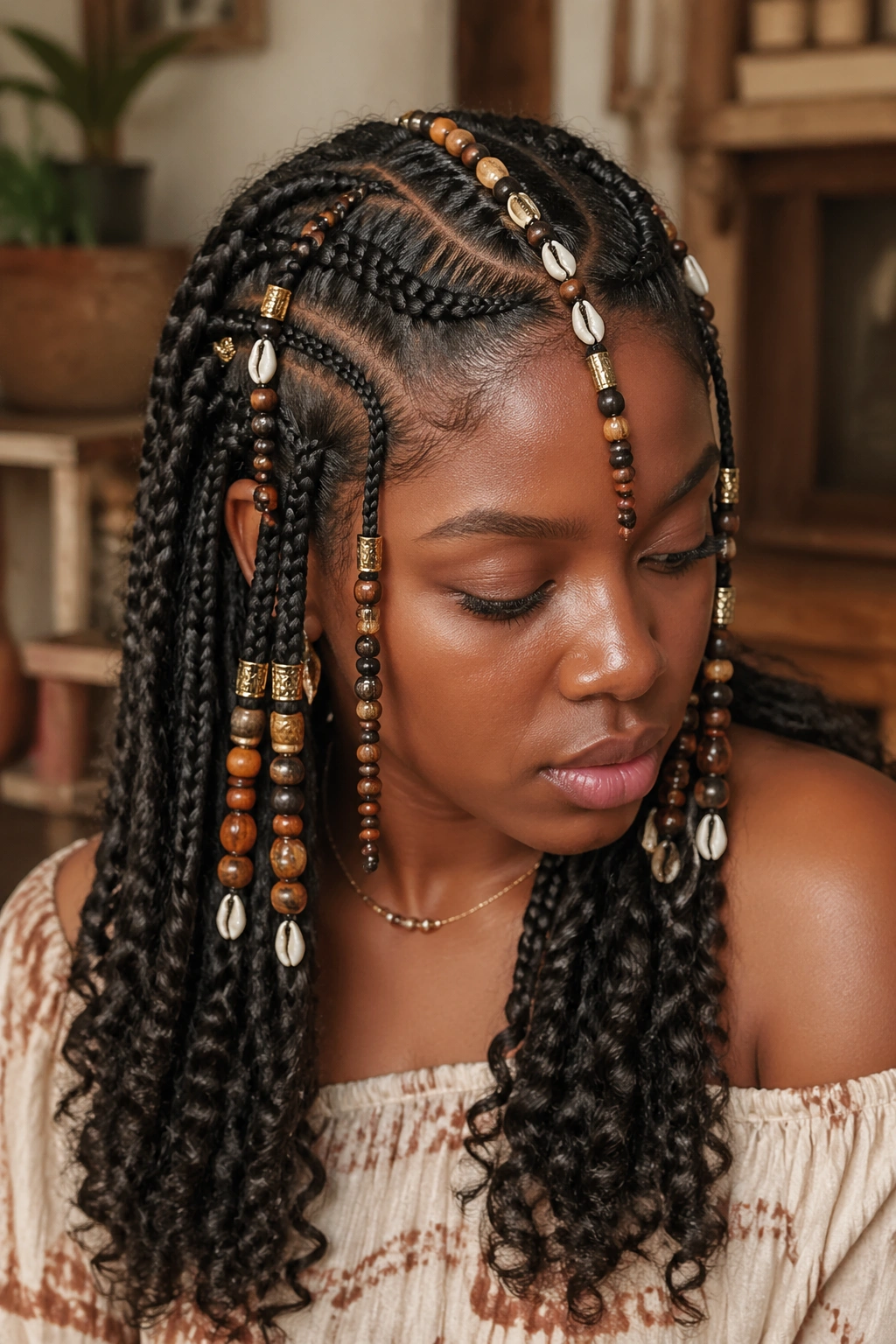 Close-up of a real woman with mixed bead materials on Fulani cornrows