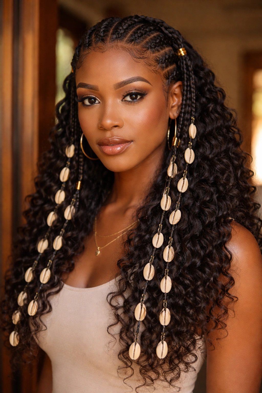Close-up headshot highlighting cowrie shells threaded along Fulani braids with defined curls behind.