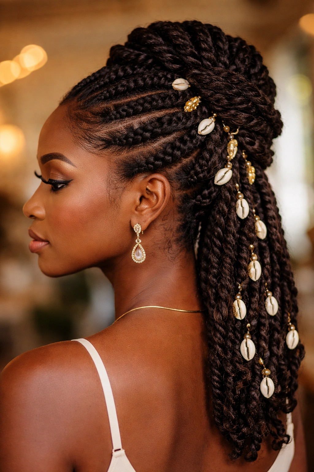 Close-up of a real woman wearing a twisted updo with cowrie shells woven into the twists, warm event venue in the background