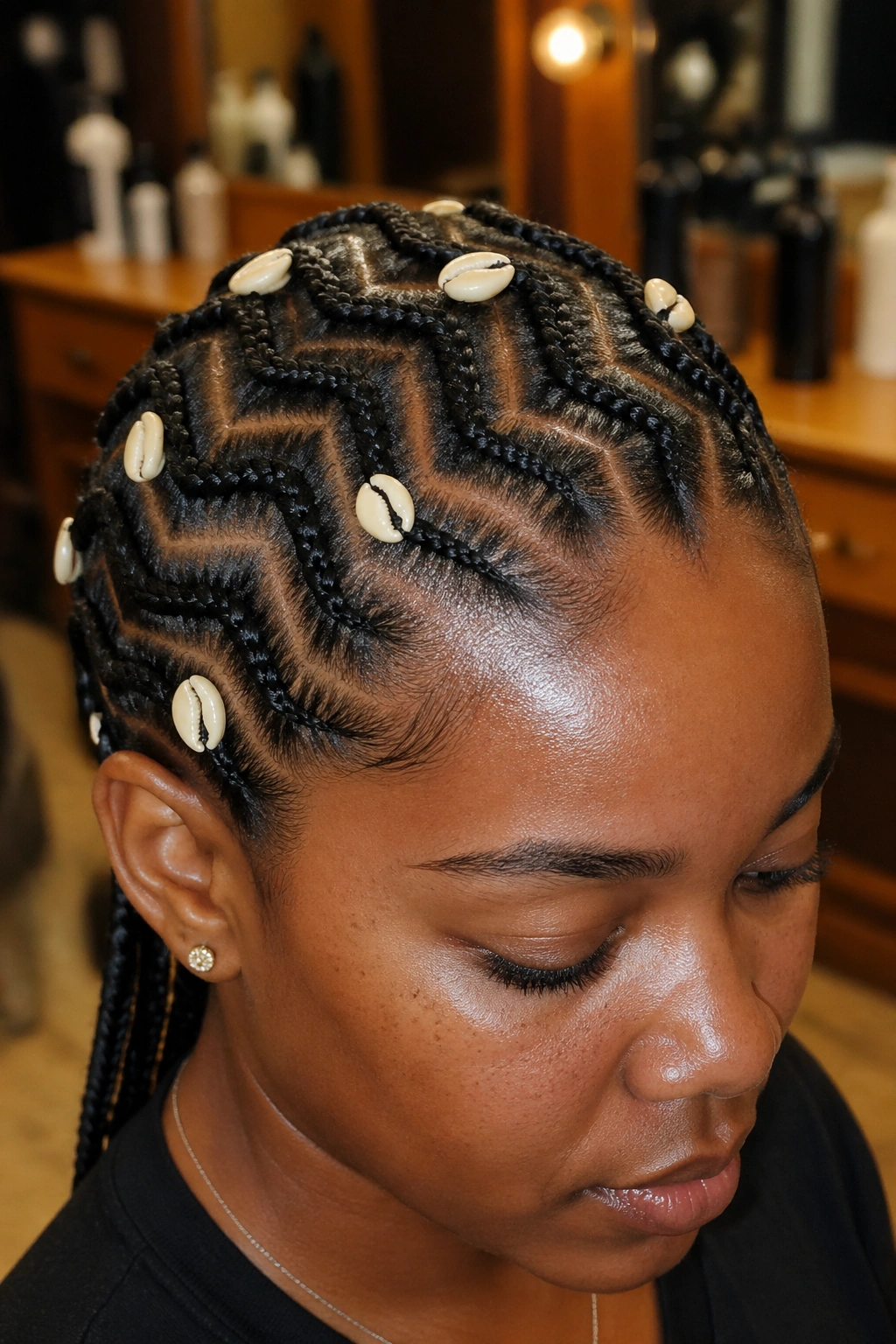 Close-up of zigzag cornrows with real cowrie shells woven into braids on a woman's head.